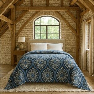 King Custom Linen Duvet Blue Medallion & Cream Back (96”x 108")